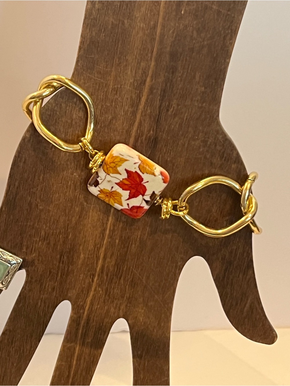 Gold-Tone Bracelet with Autumn Leaf Ceramic Bead